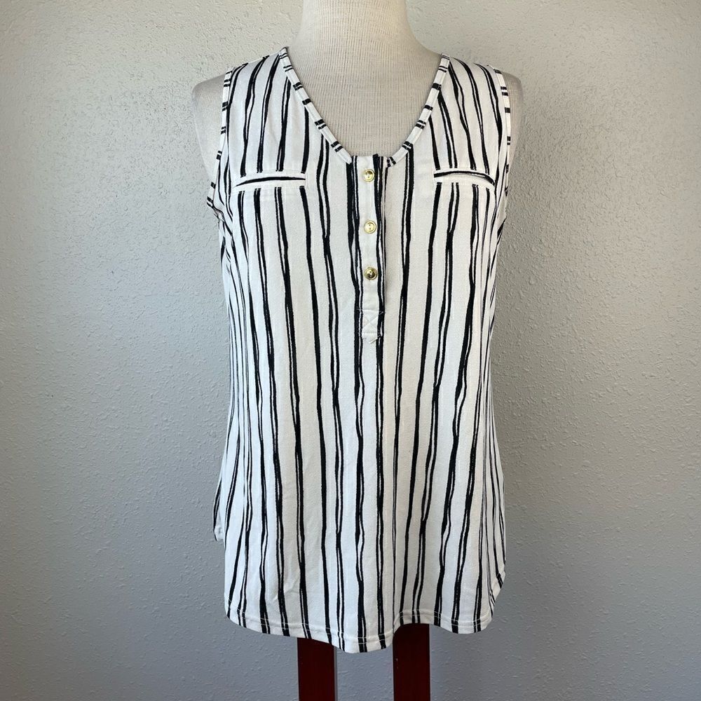 Fifty Street Black and White Striped Button Down Sleeveless Shirt Size M EUC